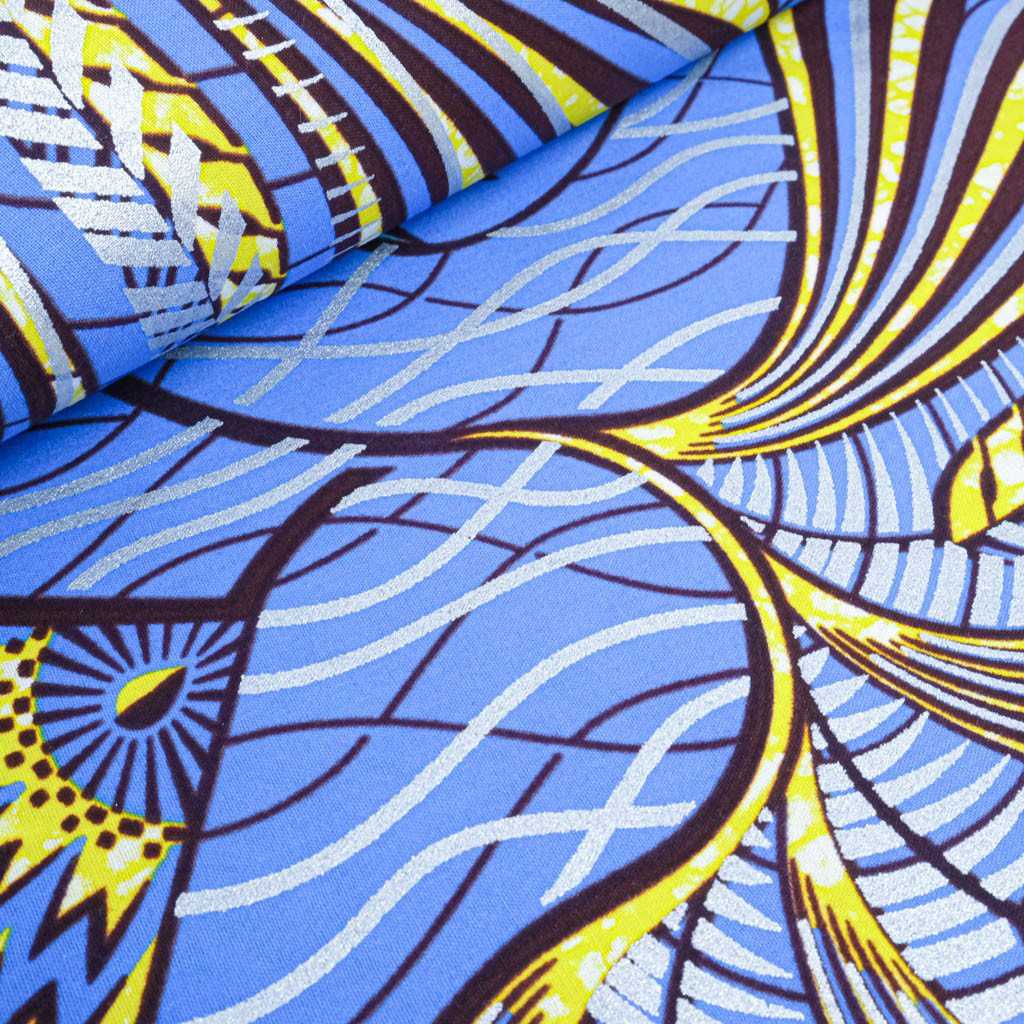Blue Wax Fabric with Yellow and Silver Lurex Pattern - Maison Klem